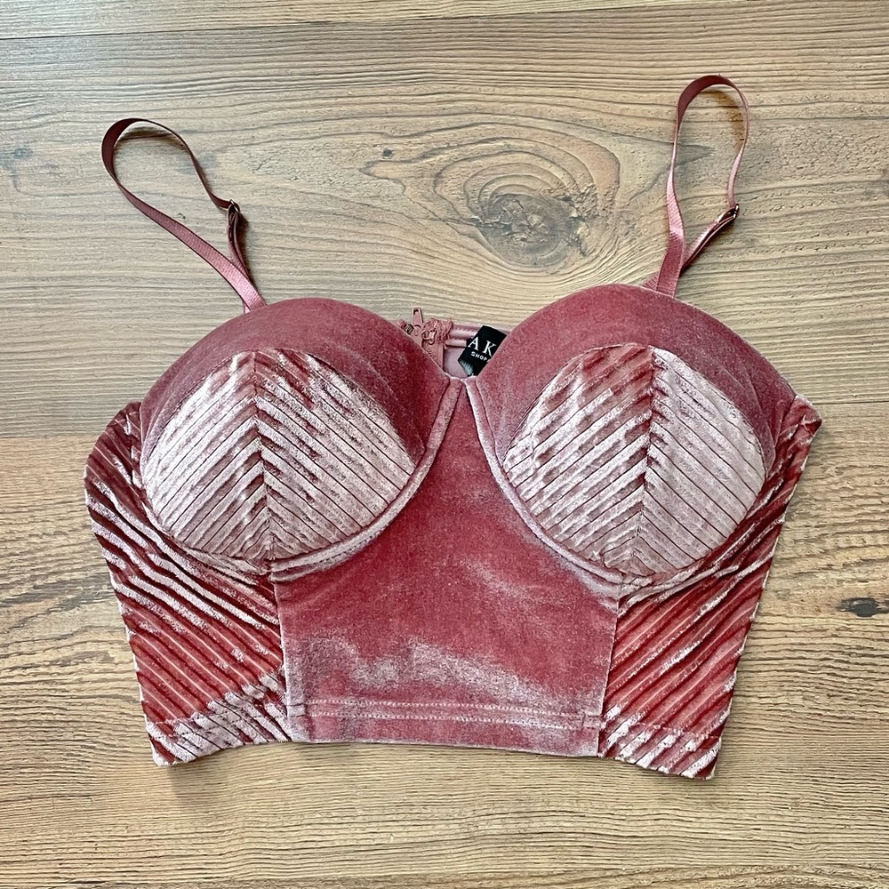 Akira dusty rose velvet cropped bustier, adjustable bra straps, back zip, small